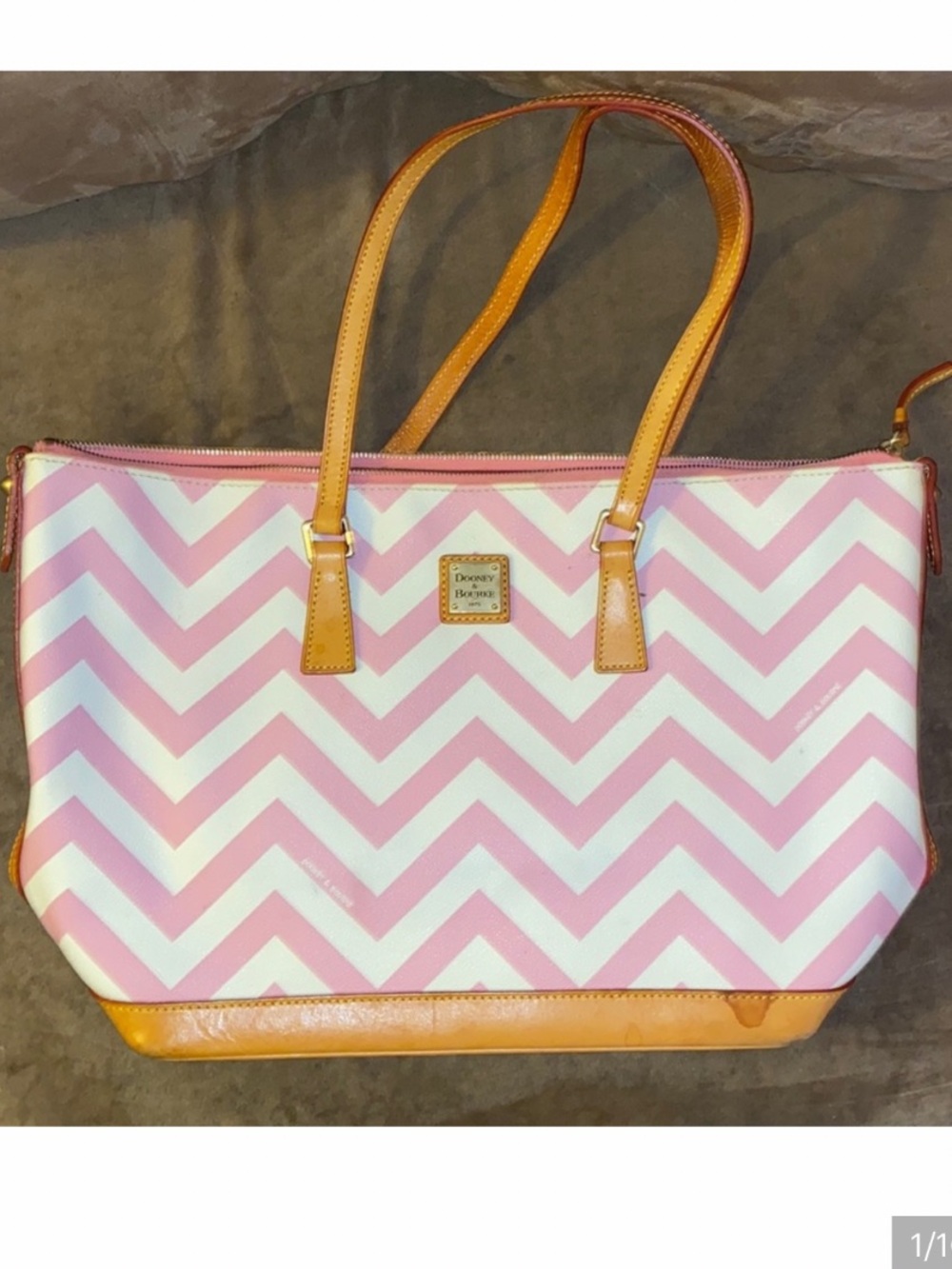 Dooney & Bourke Pink and White Chevron Tote with Tan Trim